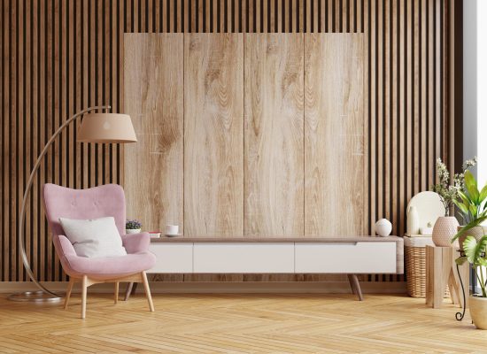 Cabinet designs for living room on wooden wall background,3d rendering